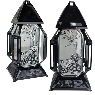 Znicz dekoracyjny z  motywem srebrnych kwiatów 37 cm  